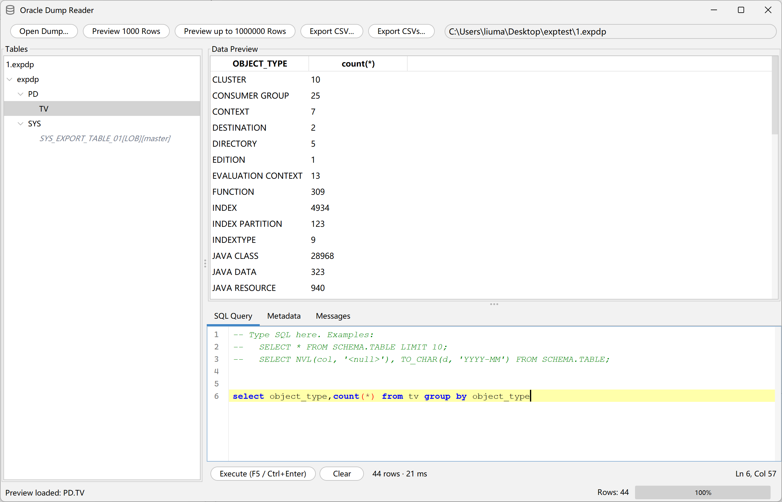 Oracle Dump Reader showing SQL aggregation results from an EXPDP dump file