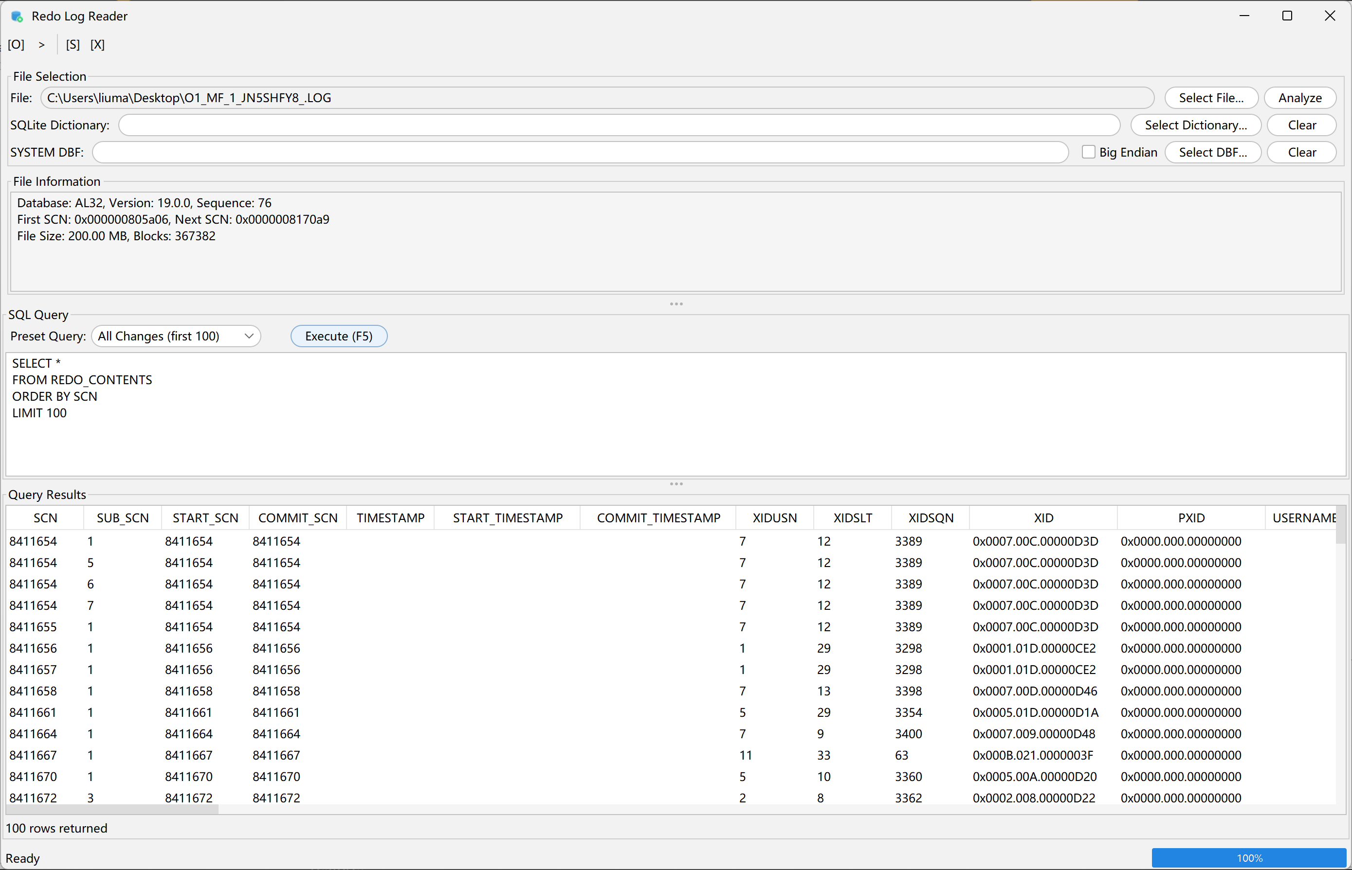 Redo Log Reader showing the All Changes preset query result