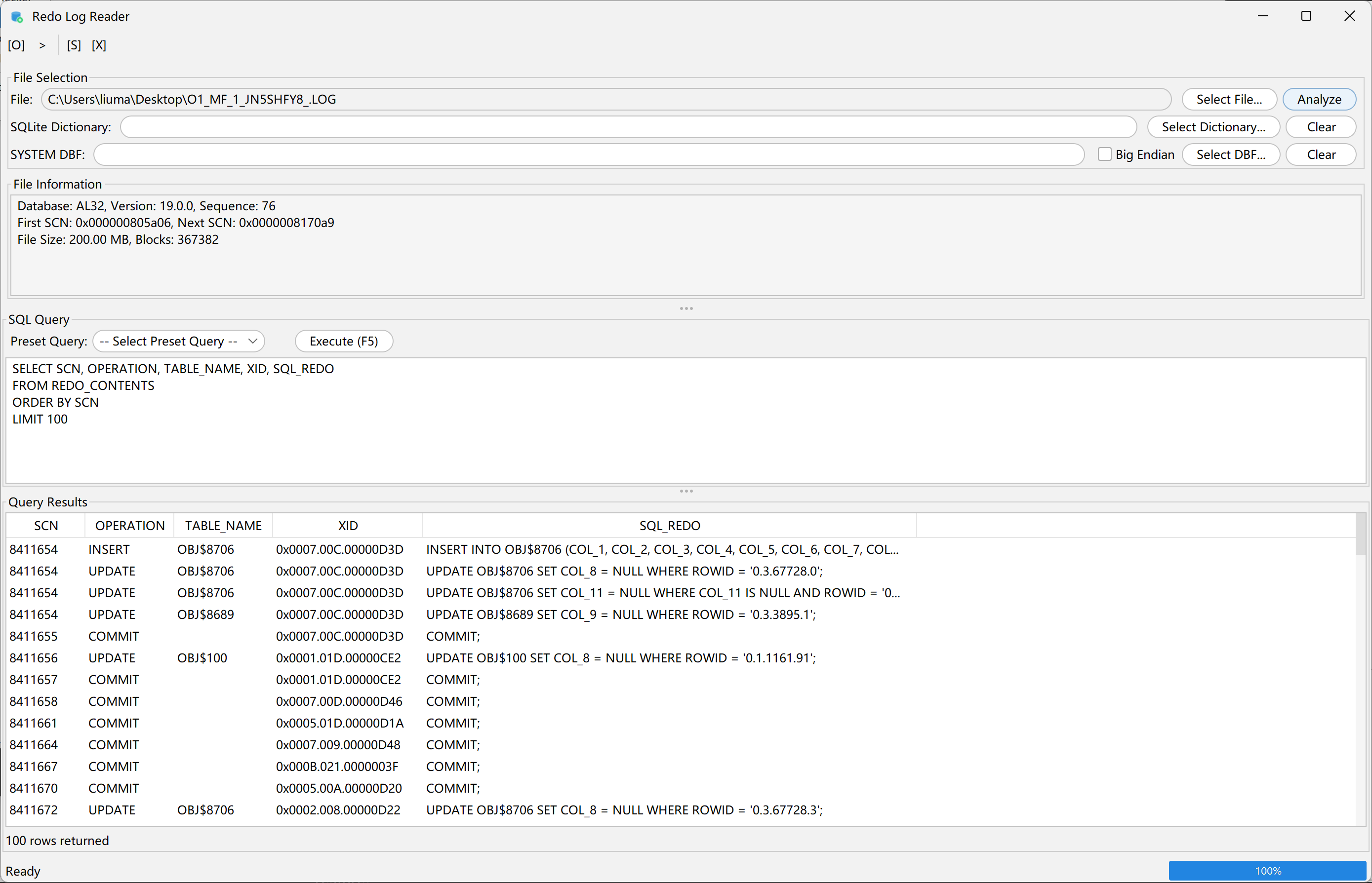 Redo Log Reader showing SQL_REDO query results from an Oracle redo log file